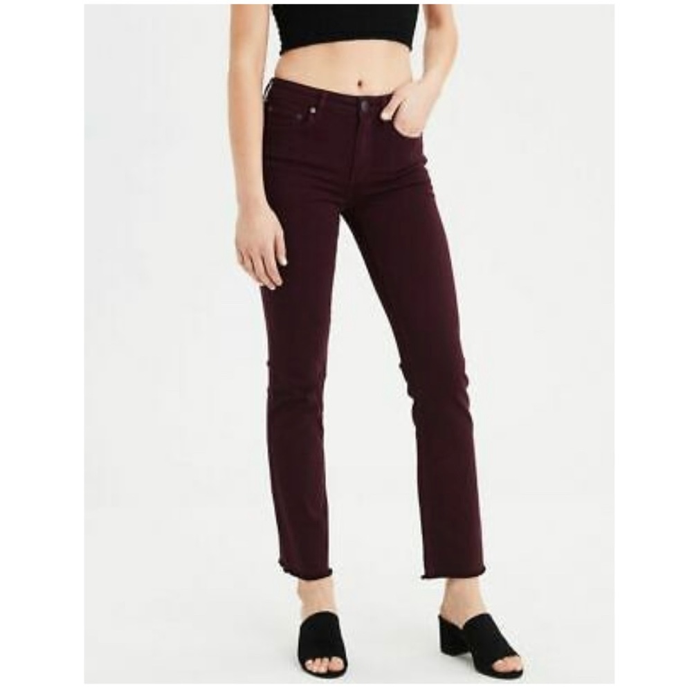 American Eagle NE(X)T Stretch Hi-Rise RawHem Crop Flare Jean Size 8 Burgundy